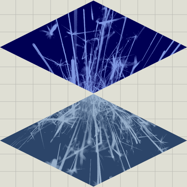 Two diamond-shaped planes with intersecting light blue streaks, positioned above a grid background, reflecting each other vertically.