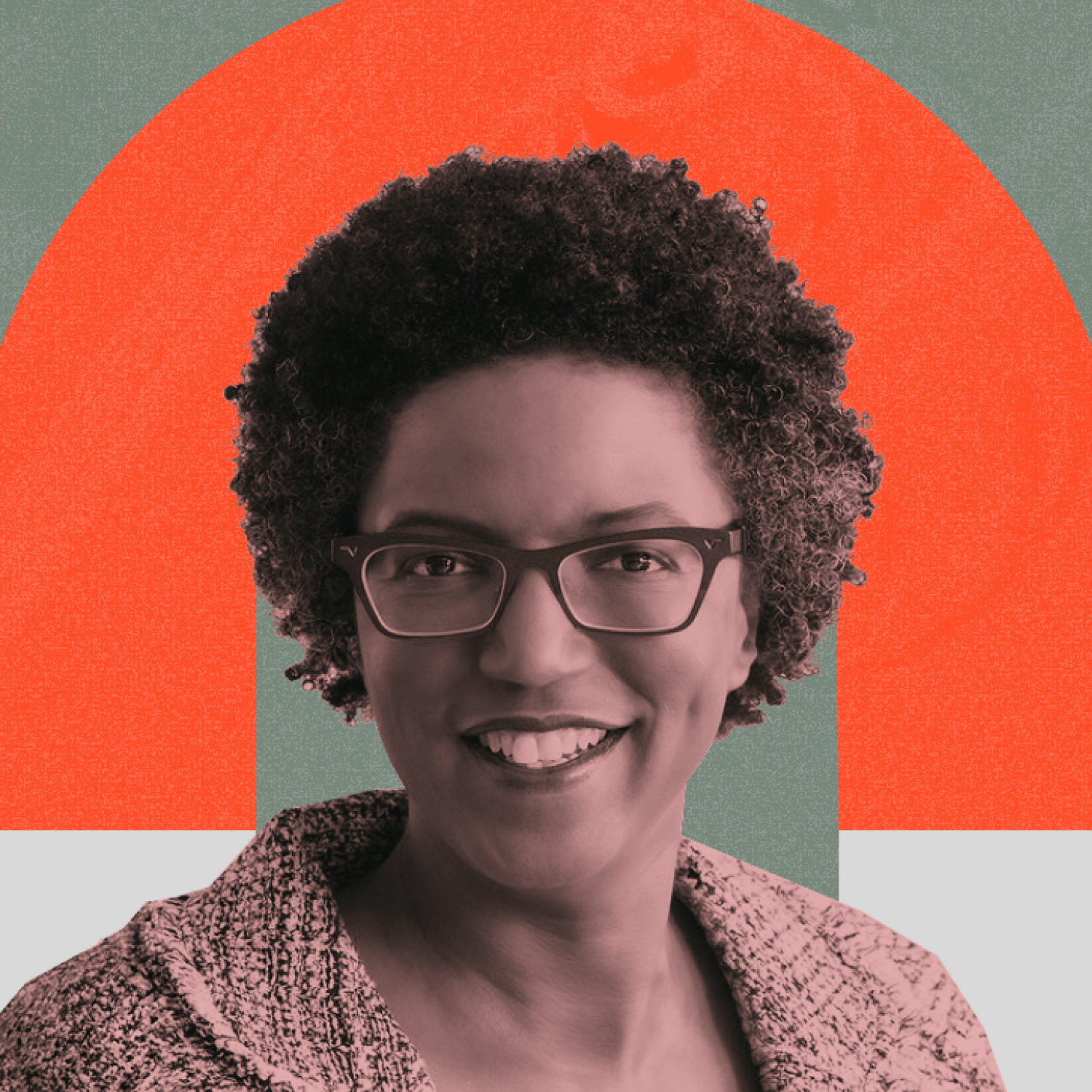 A person with short curly hair and glasses smiles at the camera, with a geometric red and green background behind them.