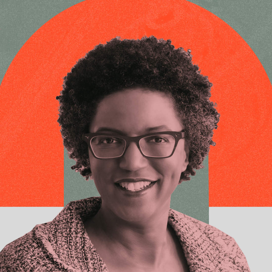 A person with short curly hair and glasses smiles at the camera, with a geometric red and green background behind them.