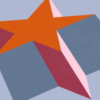 An abstract illustration featuring an orange star partially overlapped by angular blue and maroon shapes against a light gray background.