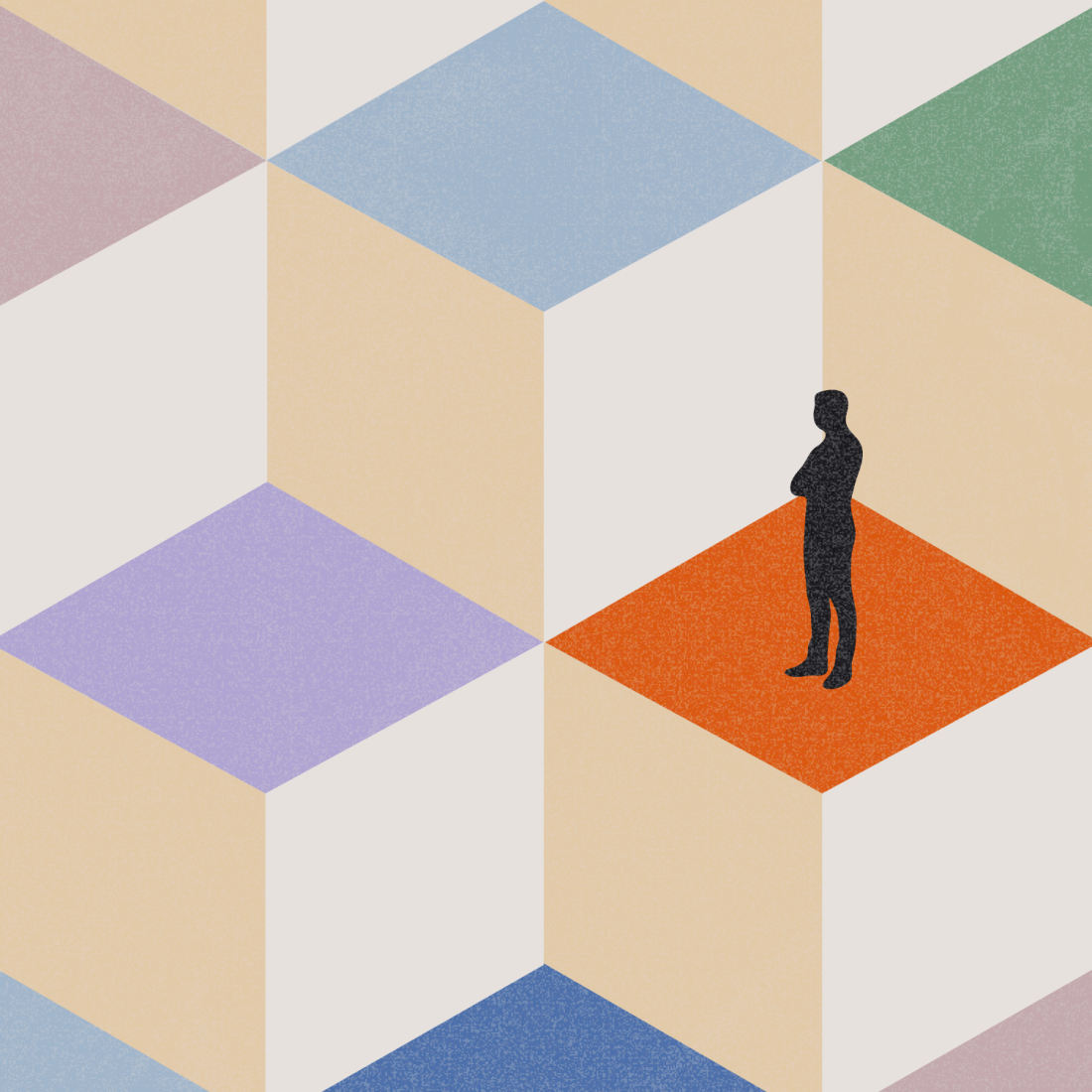 A silhouette of a person stands on a red tile among multicolored geometric cubes in an abstract pattern.