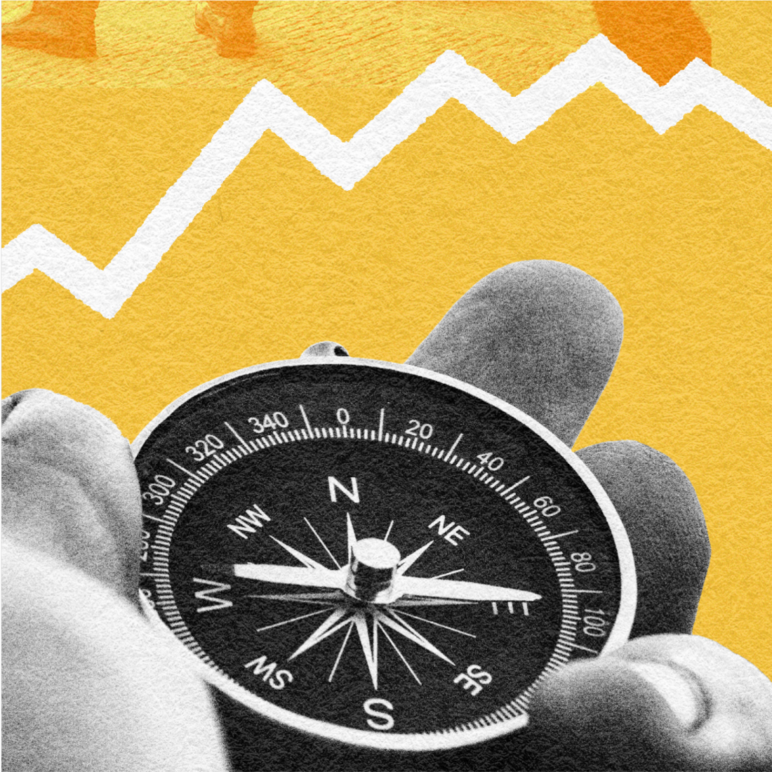 A hand holding a compass in the foreground with a white zigzag line graph and orange background in the distance.