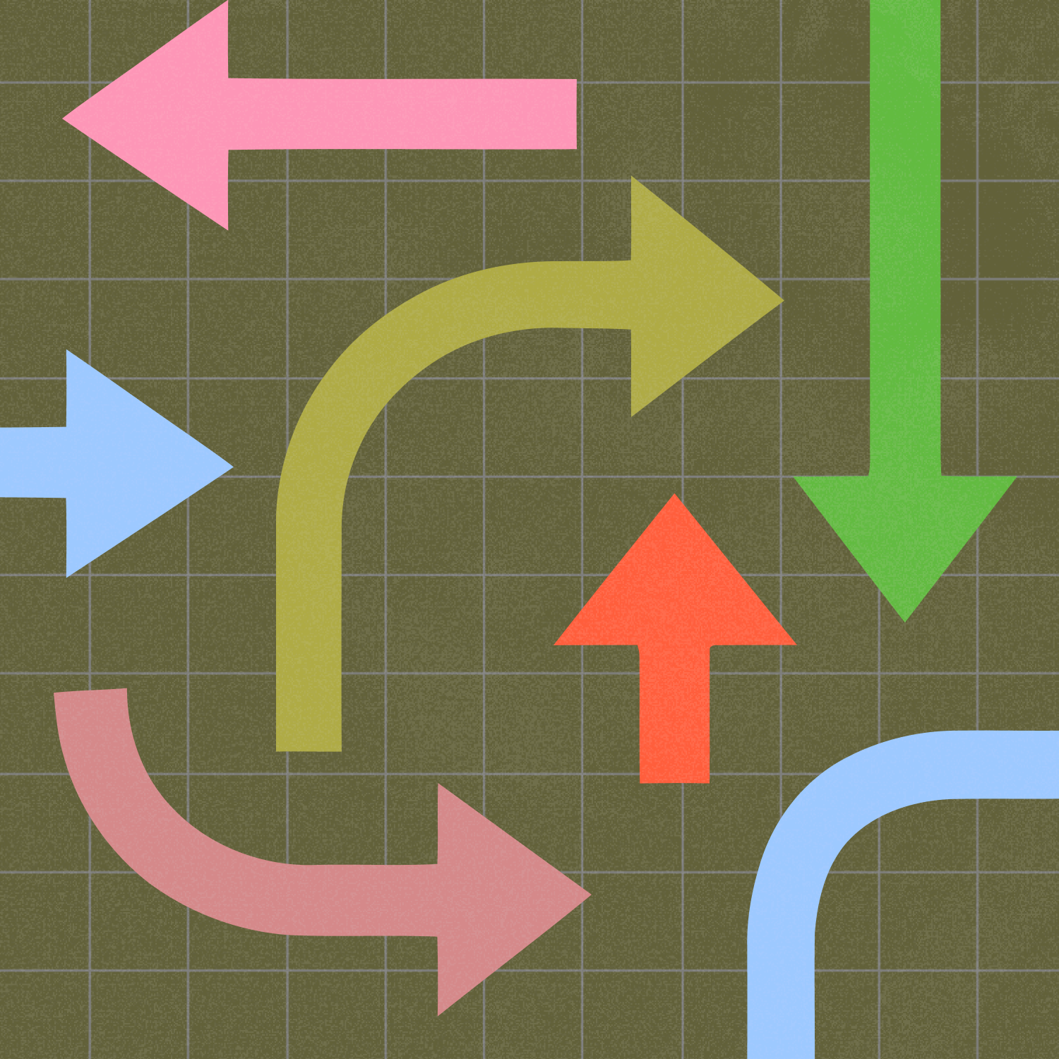 A grid background with colorful arrows pointing in various directions, including straight, curved, and turning paths.