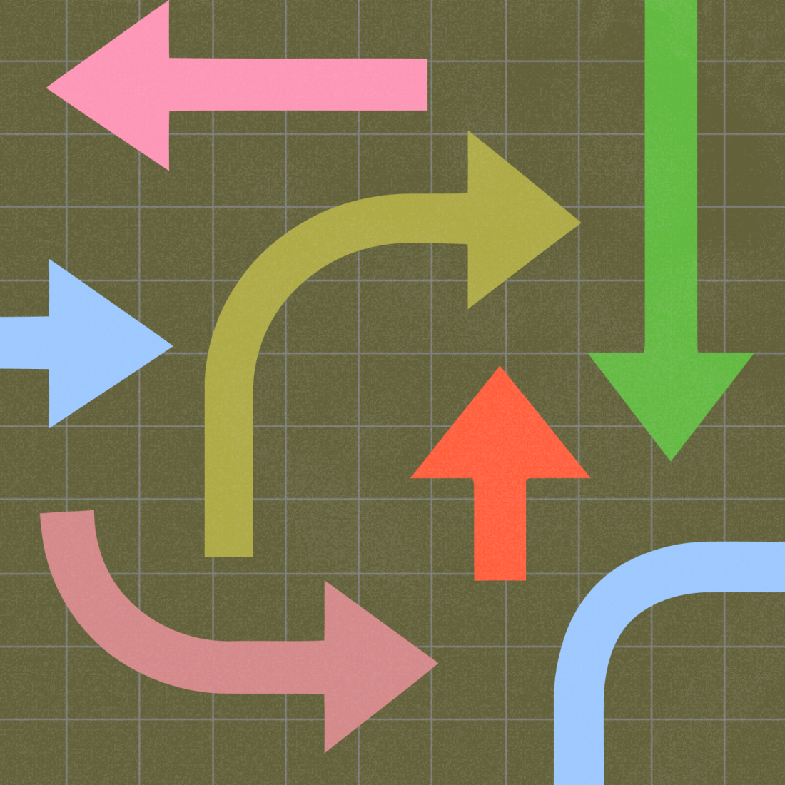 A grid background with colorful arrows pointing in various directions, including straight, curved, and turning paths.