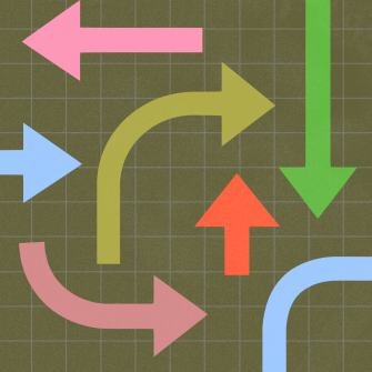 A grid background with colorful arrows pointing in various directions, including straight, curved, and turning paths.