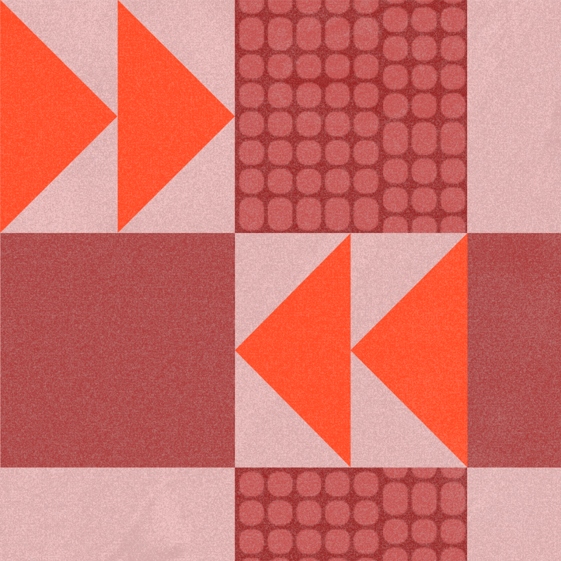 Geometric pattern with red and orange triangles, squares, and circles arranged in a grid with textured backgrounds.