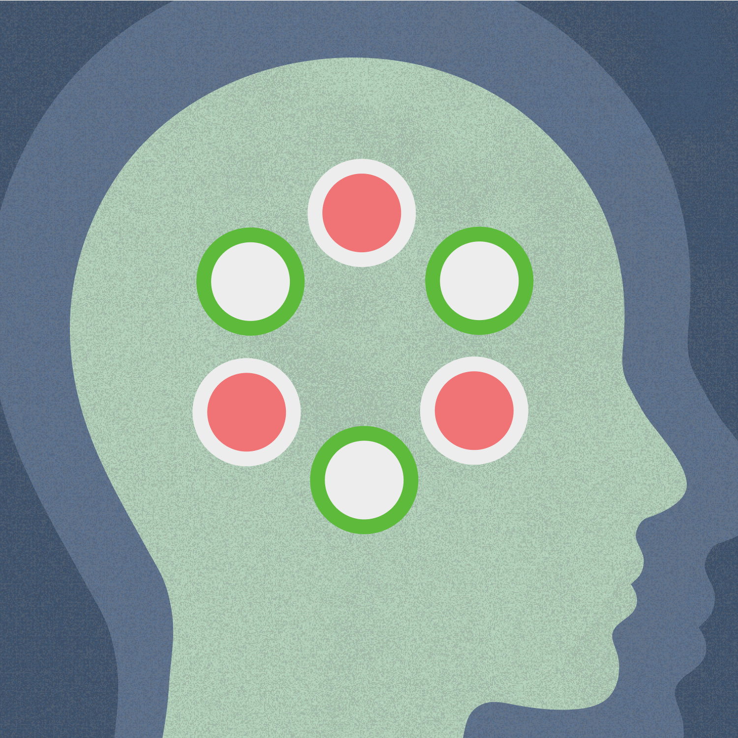 Illustration of a human head in profile with six circles inside, three pink and three white, all outlined in green, representing abstract thinking or cognitive processes.