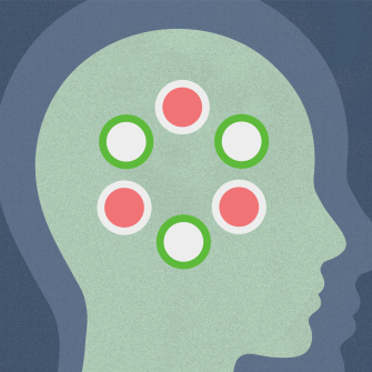 Illustration of a human head in profile with six circles inside, three pink and three white, all outlined in green, representing abstract thinking or cognitive processes.