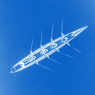 Halftone illustration of a white guitar on a blue background, shown at an angle with star-shaped highlights along the body and neck.