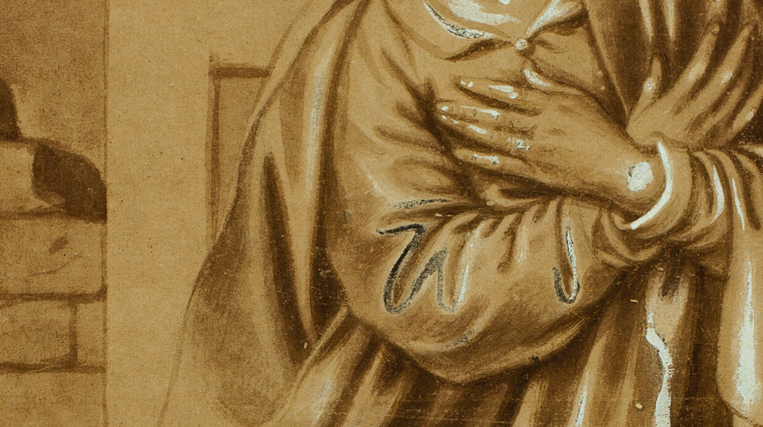 Close-up of a sepia-toned drawing showing a person with crossed arms, wearing a robe with highlights, against a background with a partial view of a stone wall.