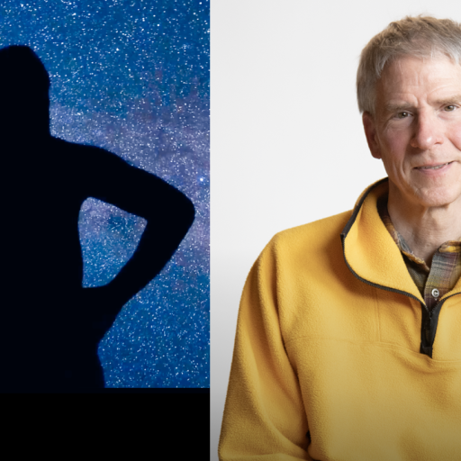 Split image: Left side shows a silhouette of a person with hands on hips against a starry sky; right side shows an older man in a yellow jacket against a plain white background.