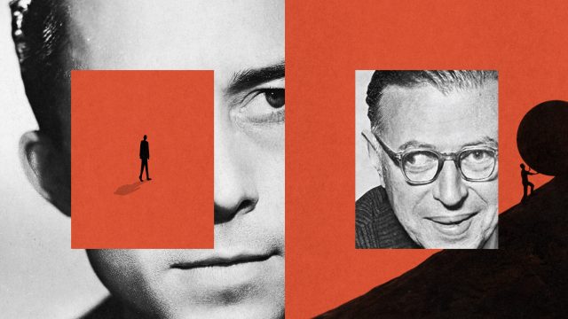 A collage with black-and-white portraits partly obscured by red squares evokes themes of existentialism and absurdism; one shows a man walking, the other a figure pushing a boulder uphill.