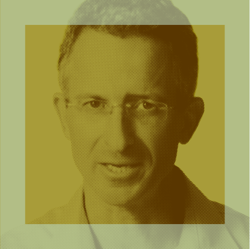 A stylized portrait of a man with glasses, viewed through overlapping green and yellow filters giving a graphic, duotone effect.
