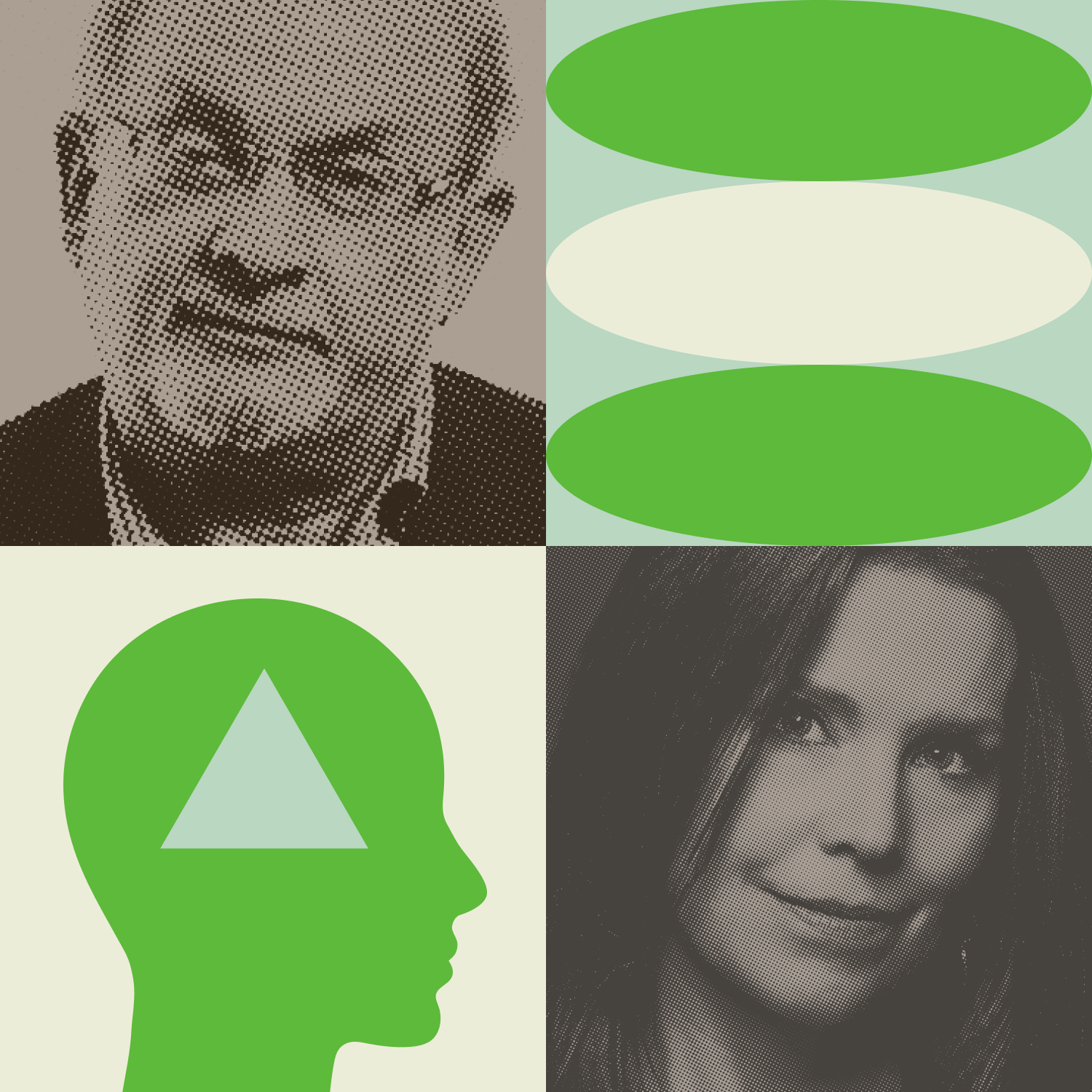A grid with four sections: a grayscale man’s portrait, green ovals, a head silhouette with a triangle inside, and a grayscale woman’s portrait.