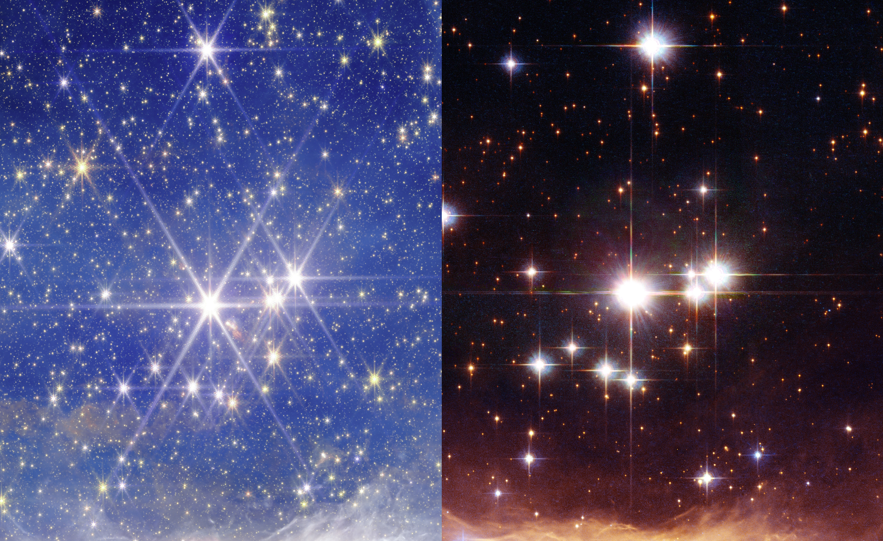 Side-by-side comparison of two star field images—one from JWST and one from Hubble—showing differences in color, brightness, and detail within the Pismis 24 cluster against dark, star-filled backgrounds.
