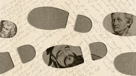 Collage of ancient philosophers' portraits partially revealed through cutouts on a textured background with handwritten script, evoking the timeless influence of history.
