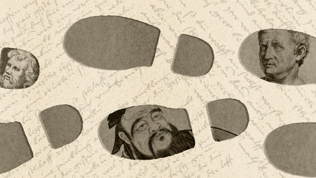 Collage of ancient philosophers' portraits partially revealed through cutouts on a textured background with handwritten script, evoking the timeless influence of history.