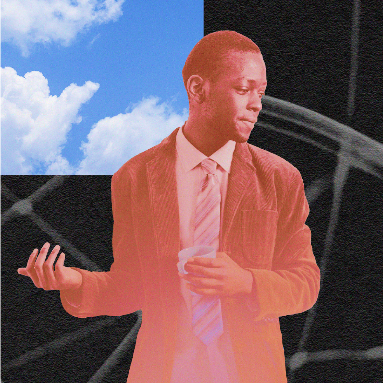 A man in a suit holding a cup stands against a contrasting background of blue sky with clouds and a dark, textured area with light streaks.