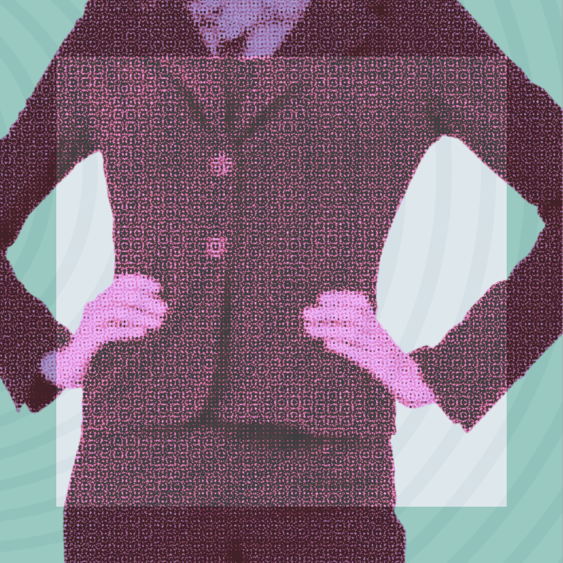 A digitally altered image of a person wearing a dark suit with hands on hips, shown from shoulders to waist, against a teal background with concentric circular patterns.