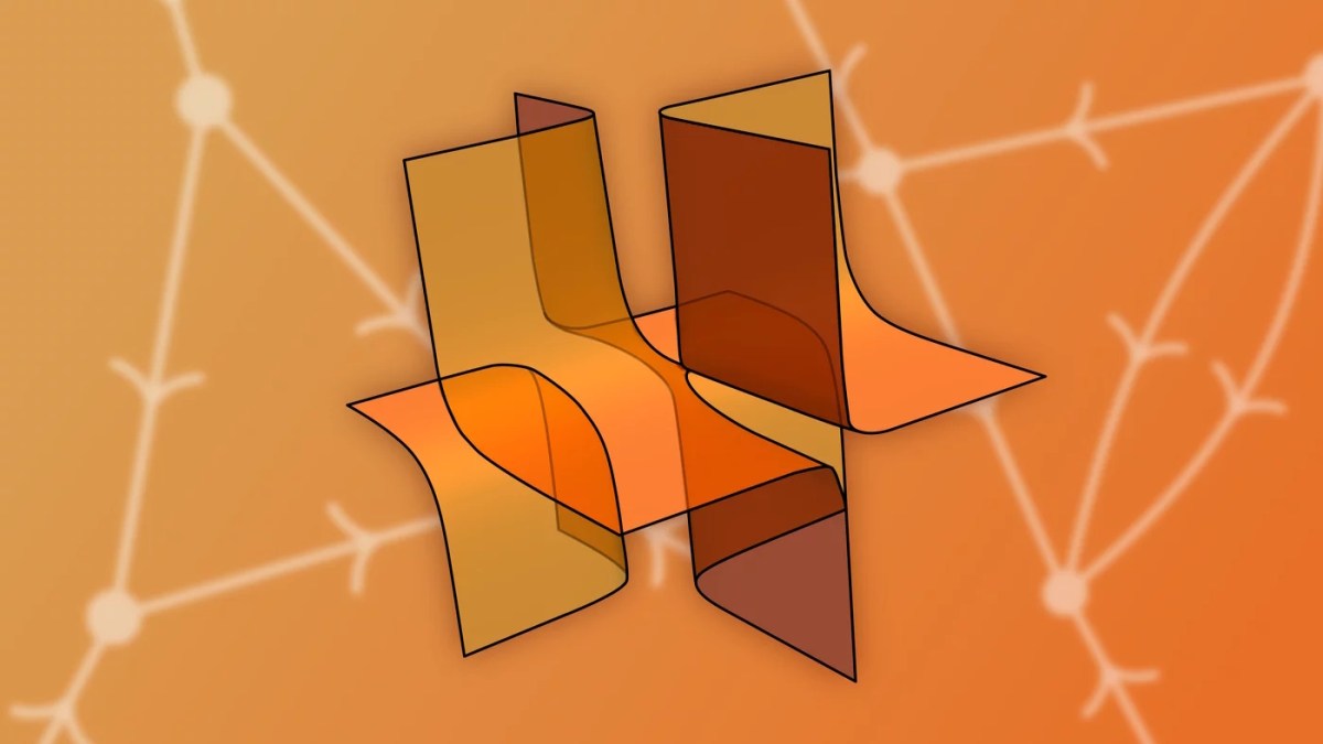 Abstract 3D geometric surface with intersecting translucent orange and brown planes, inspired by the amplituhedron theory of everything, set against a blurred orange background with white network lines.