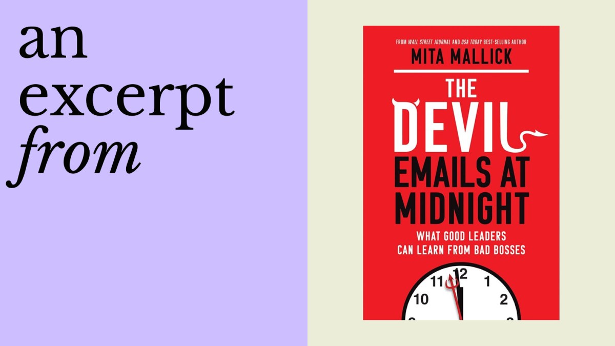 The image features the book cover of "The Devil Emails at Midnight" by Mita Mallick alongside text reading "an excerpt from" on a purple and beige background, hinting at themes like toxic positivity within its pages.