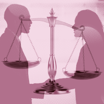 Two silhouetted people face each other with a large, balanced scale of justice positioned between them, symbolizing fairness or equality.