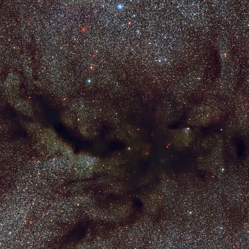 A dense star field with dark, irregular dust clouds—where cosmic dust come from—obscures parts of the glowing stars in the Milky Way.