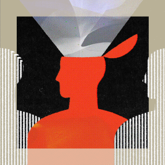 Abstract illustration of a red human silhouette with the top of the head open and white shapes emerging, set against a dark background with vertical stripes.