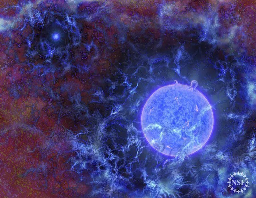 A digital illustration shows a glowing blue star with surrounding cosmic gas clouds in space, symbolizing one of the biggest mysteries—the origin of the universe—with the NSF logo in the bottom right corner.