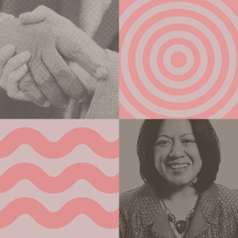 A four-panel image featuring two abstract pink patterns, a close-up of two hands clasped, and a smiling woman in grayscale.