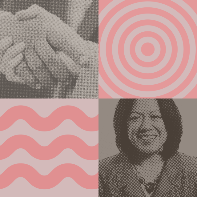 A four-panel image featuring two abstract pink patterns, a close-up of two hands clasped, and a smiling woman in grayscale.