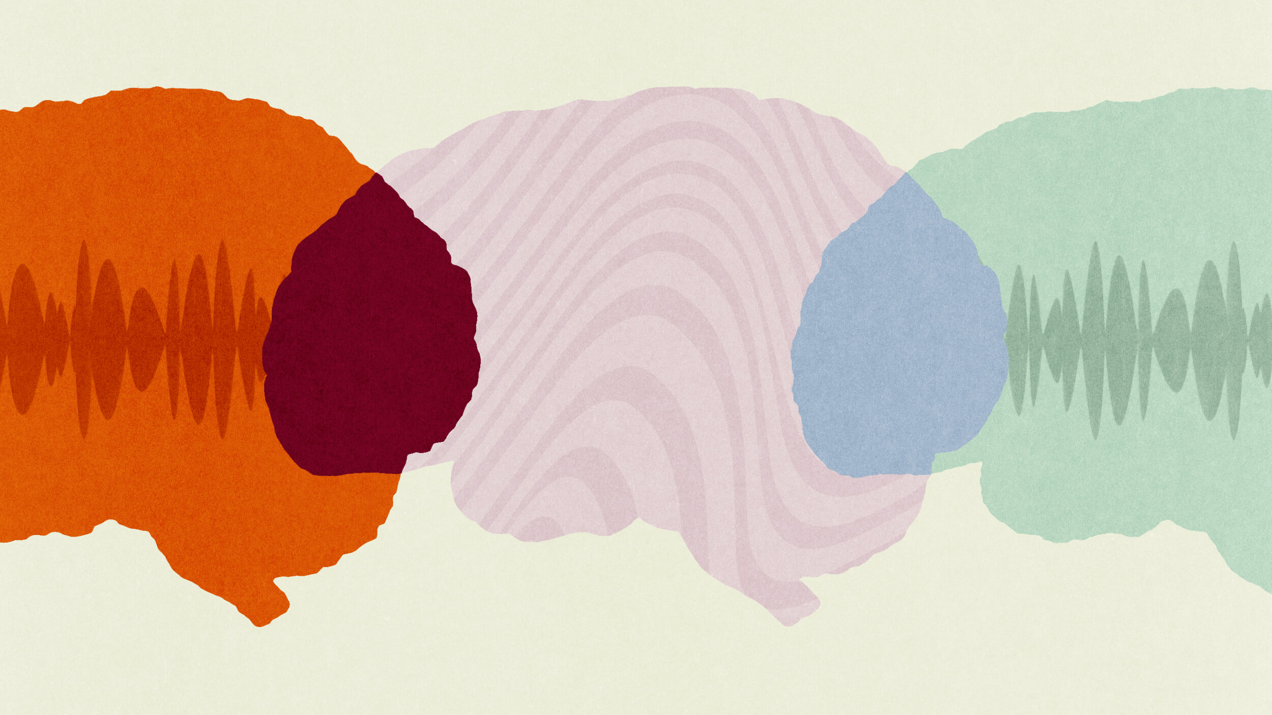 Illustration of three stylized human brains in orange, pink, and green, each with abstract wave patterns inside, overlapping at their edges.
