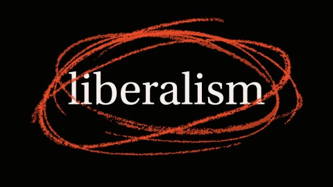 The word "liberalism" in white lowercase text is centered on a black background, surrounded by rough red circles drawn with a crayon effect, visually emphasizing the ongoing discourse on liberalism.
