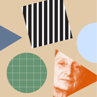 Abstract composition with geometric shapes including a striped square, green grid circle, blue circle, blue triangle, and a red triangle featuring an older woman's face.