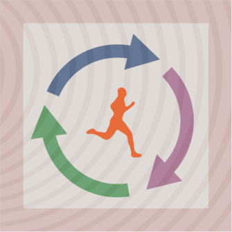 A silhouette of a running person is surrounded by three curved arrows forming a circle, each in blue, green, and purple, on a patterned background.