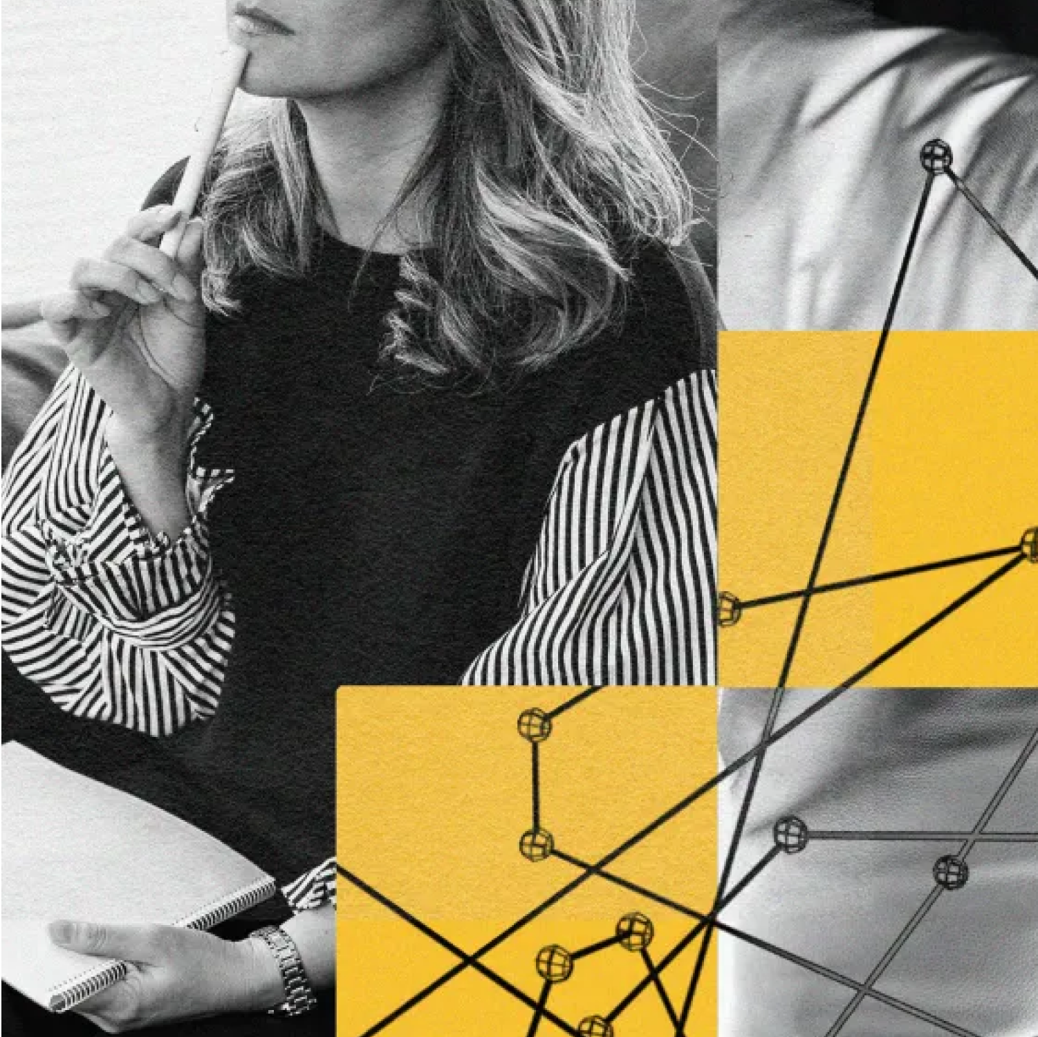 A woman holding a notepad and pen appears thoughtful; overlaid yellow geometric shapes and lines suggest abstract connections.