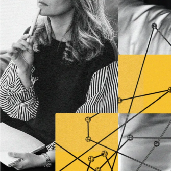 A woman holding a notepad and pen appears thoughtful; overlaid yellow geometric shapes and lines suggest abstract connections.