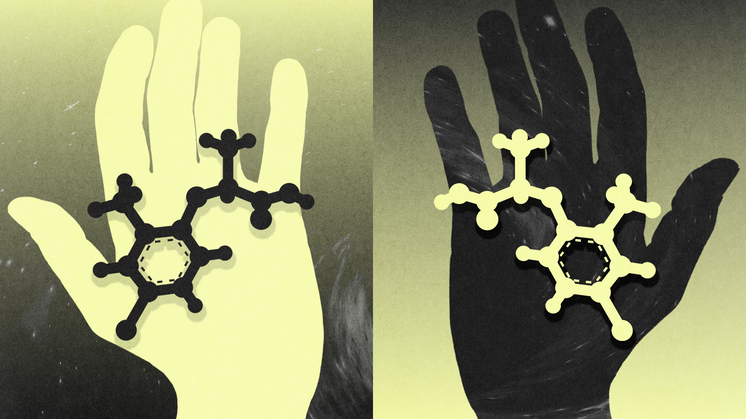 Two hands, one light and one dark, each holding a contrastingly colored molecular structure against a gradient background.
