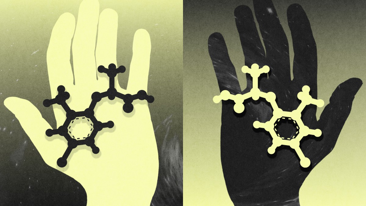 Two hands, one light and one dark, each holding a contrastingly colored molecular structure against a gradient background.