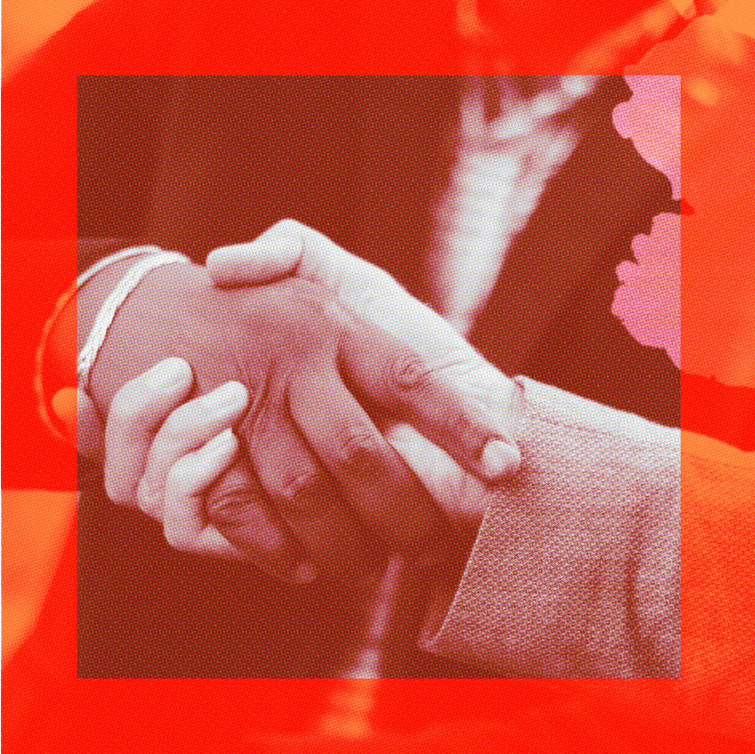 Two people wearing business attire shake hands, photographed close-up, with a red filter overlaying the image.
