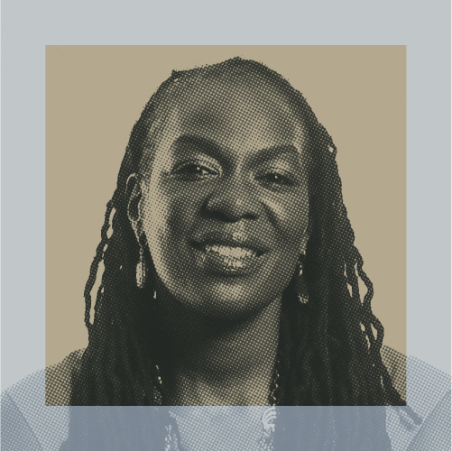 A person with long, braided hair is smiling. The portrait has a halftone effect with a beige background and a light blue overlay at the top and bottom.