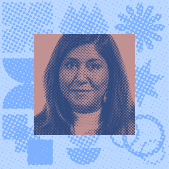 Portrait of a woman with long dark hair, shown in a halftone effect, centered on a blue patterned background with abstract shapes.