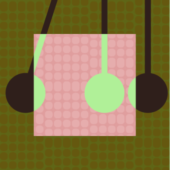 A pink square with a grid pattern overlays a green and brown dotted background, intersected by three black lines ending in circular green and brown shapes.