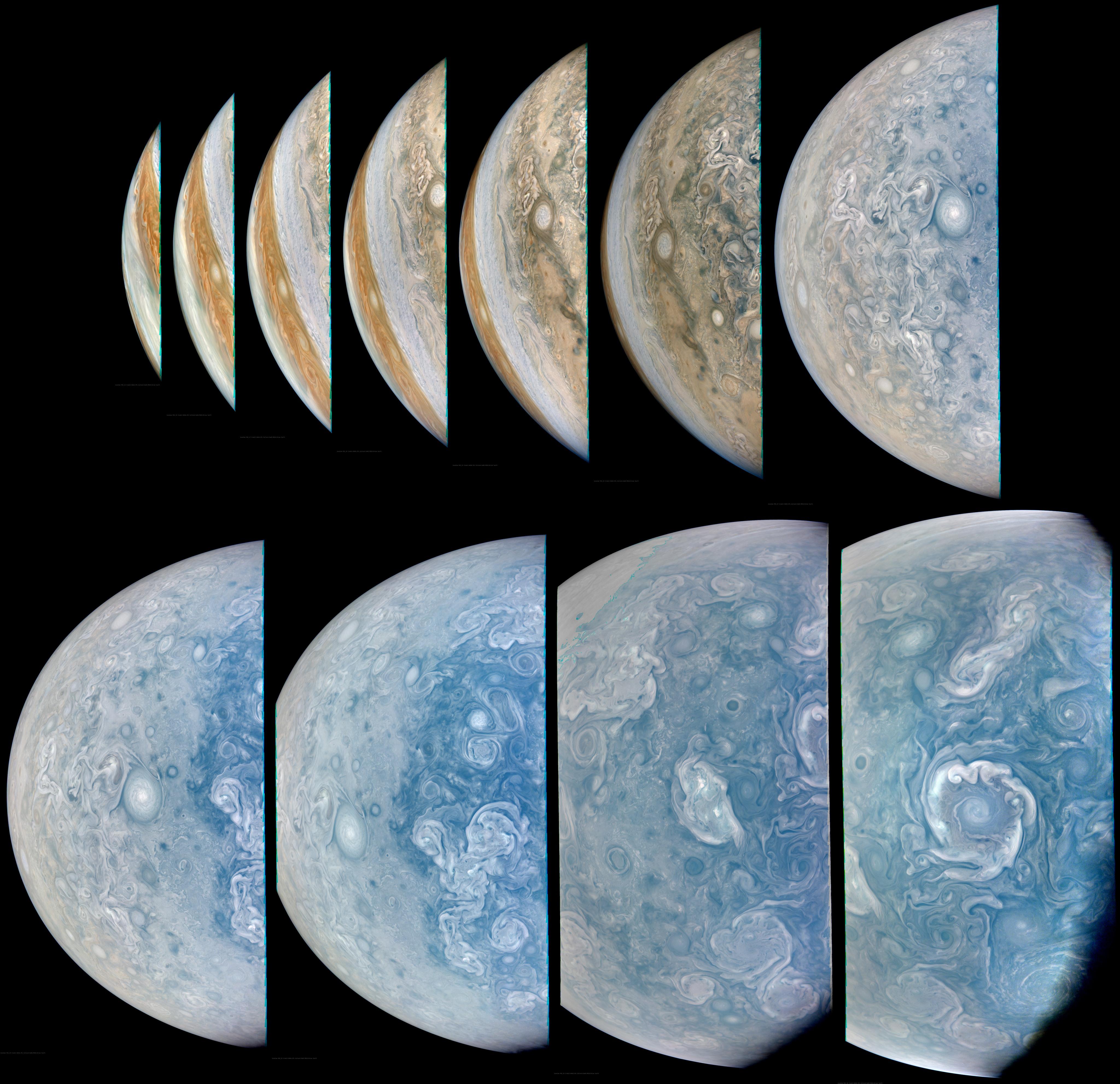 Sequence of images showing Jupiter's southern hemisphere, transitioning from its cloud bands to the swirling storms at the south pole, captured by NASA’s Juno mission from different perspectives.