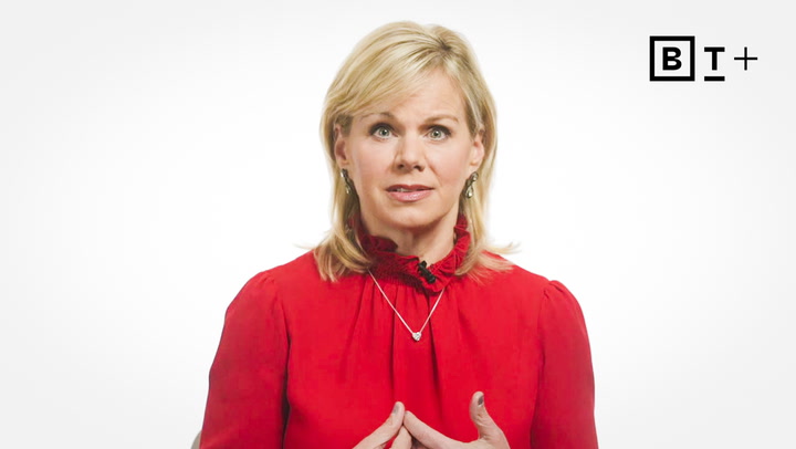A woman with blonde hair wearing a red blouse sits against a white background with a BT+ logo in the top right corner.
