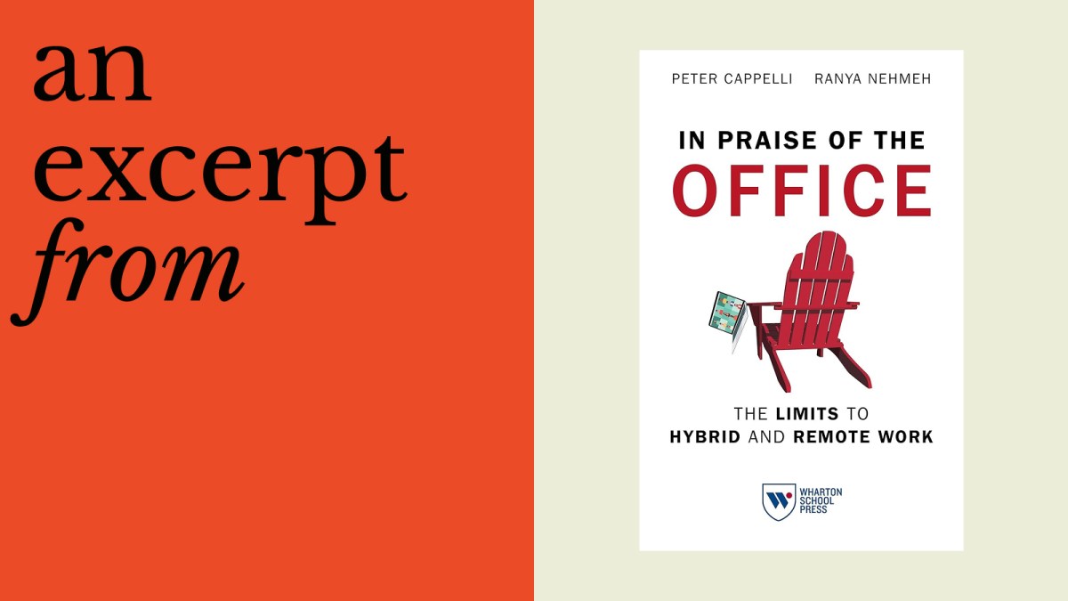 Book cover for "In Praise of the Office: The Limits to Hybrid and Remote Work" featuring a red chair with a laptop, highlighting how meaningful work flourishes, next to "an excerpt from" on an orange background.