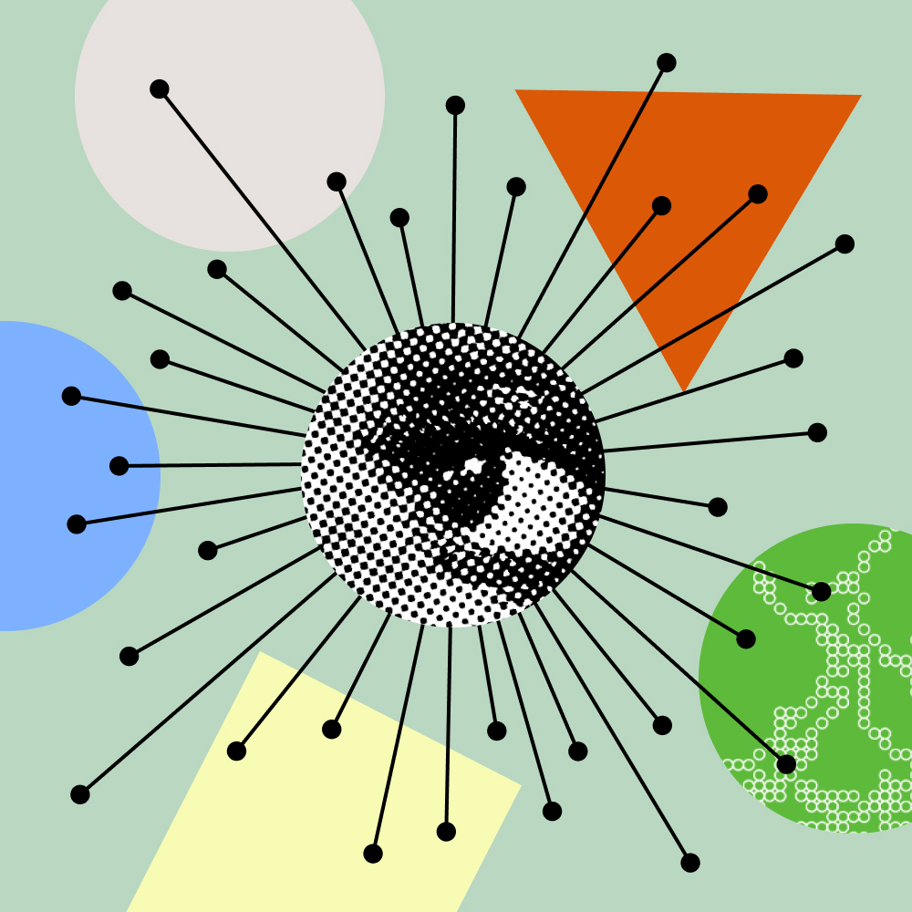 A dotted sphere with an eye at the center has lines radiating outward, set against abstract shapes in blue, gray, orange, yellow, and green on a light background.