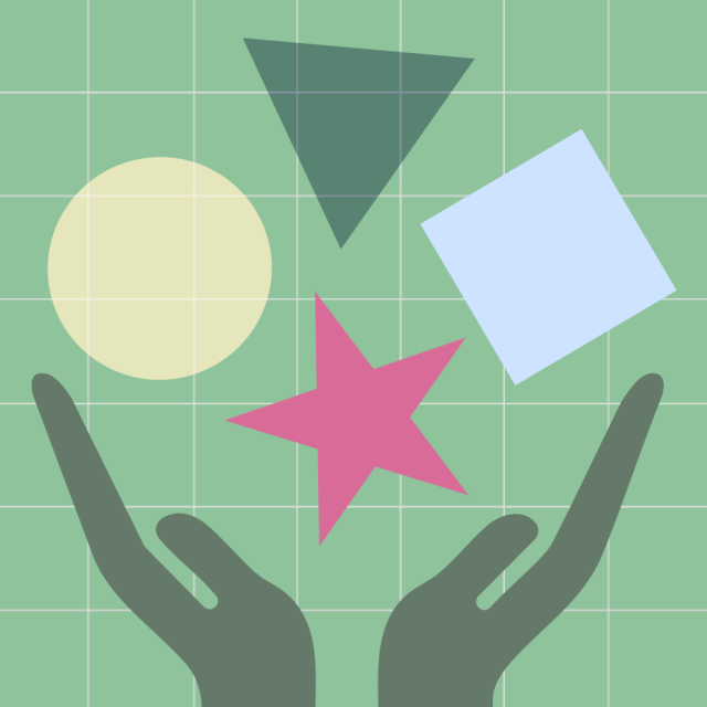 Two hands are raised below four floating shapes—a yellow circle, green triangle, blue square, and pink star—on a green grid background.
