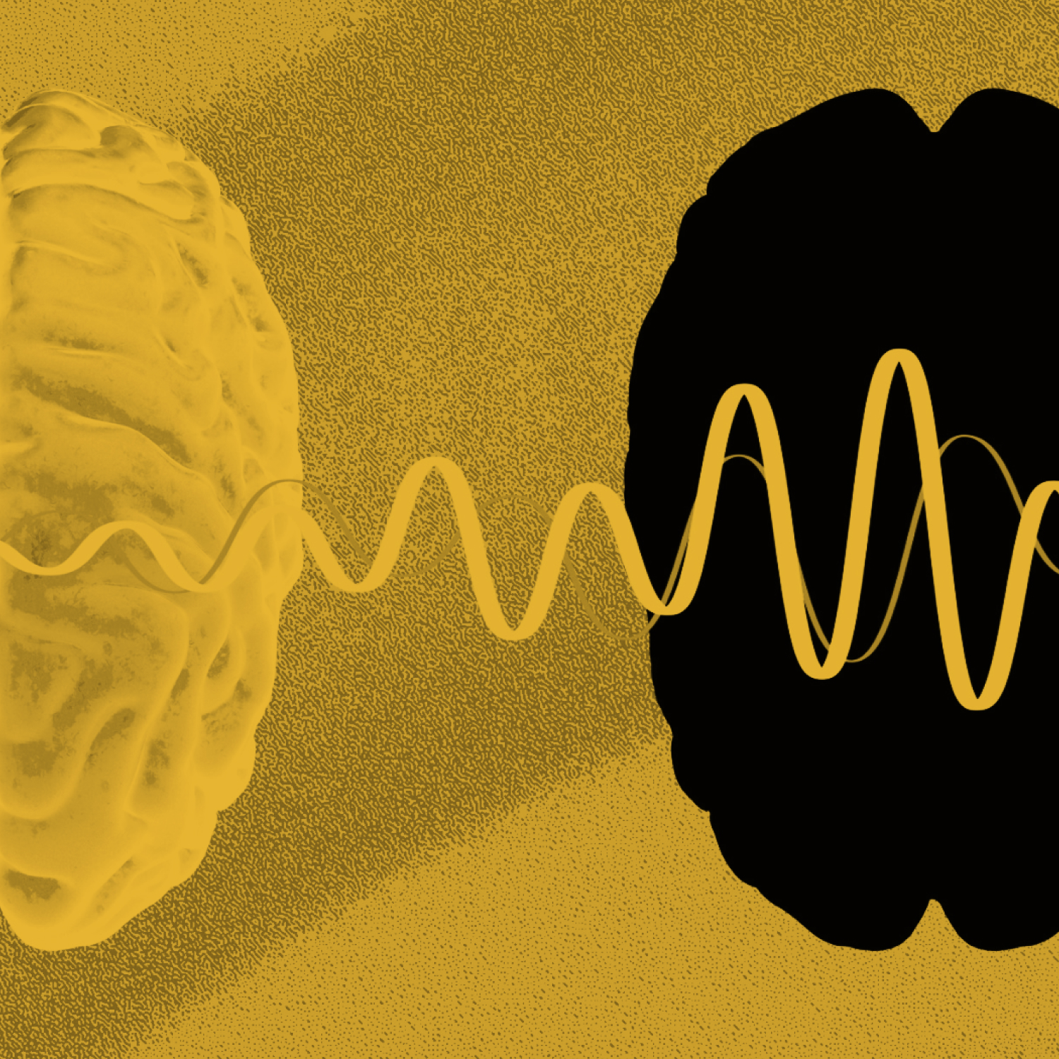 Illustration of a yellow brain on the left and a black brain silhouette on the right, connected by yellow wavy lines on a textured yellow background.