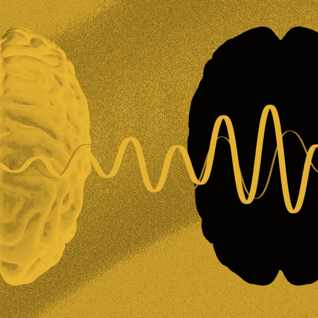 Illustration of a yellow brain on the left and a black brain silhouette on the right, connected by yellow wavy lines on a textured yellow background.
